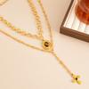 Melard Style Tiger Eye Stone Pendant Cross Necklace for Women Light Luxury Metallic Feel Round Splicing Collarbone Chain Gold Color