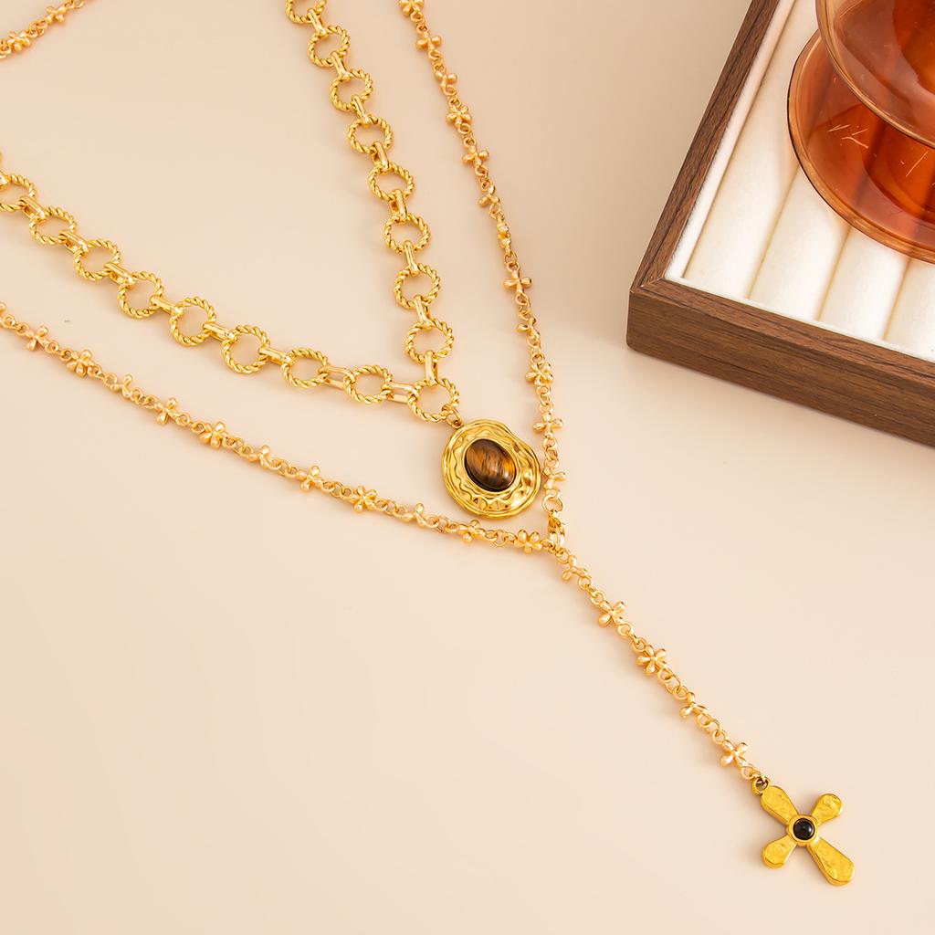 Melard Style Tiger Eye Stone Pendant Cross Necklace for Women Light Luxury Metallic Feel Round Splicing Collarbone Chain Gold Color