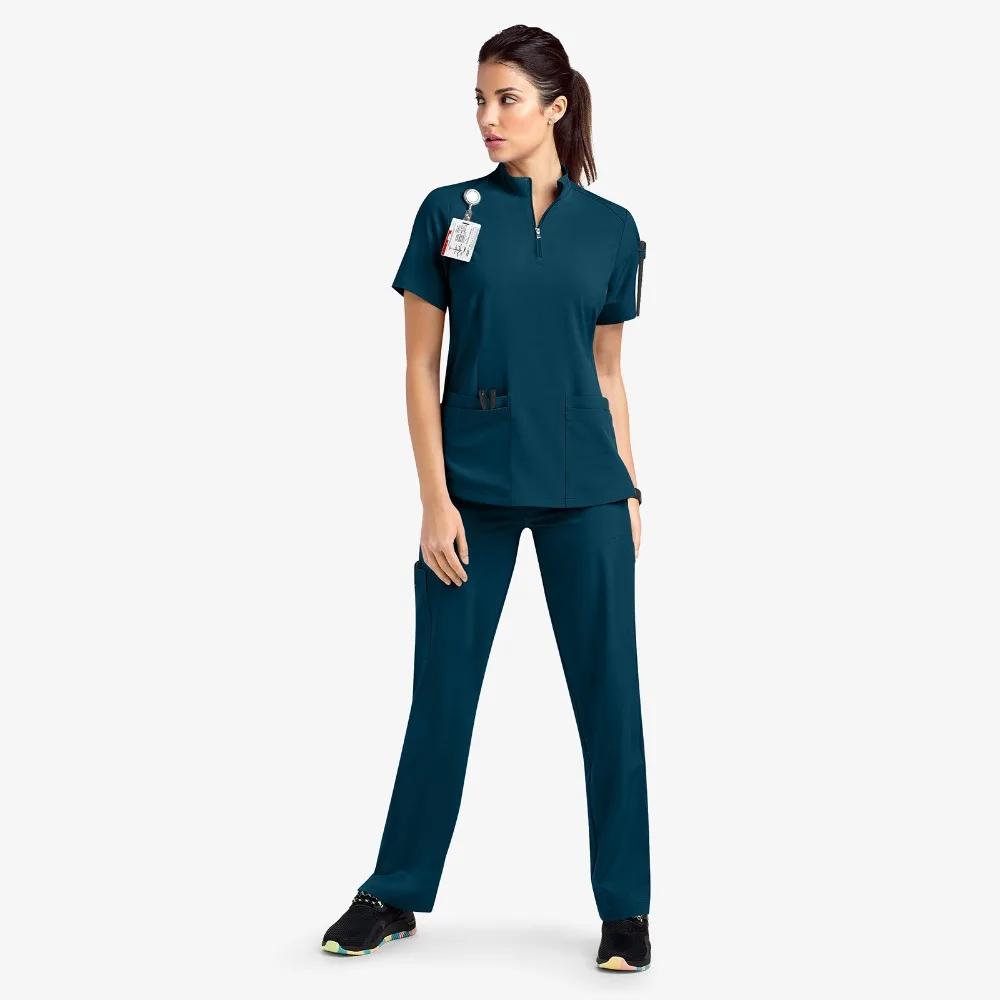 Short-sleeved Surgical Clothing Beauty Salon Nursing Clothing 2024 Summer Casual Stand-up Collar ZipperHospital Nurse Overalls