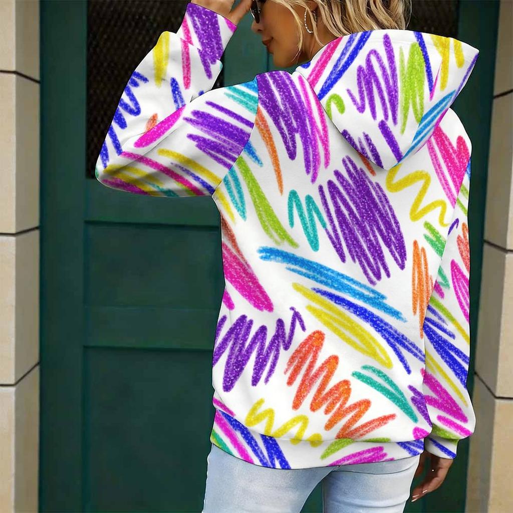 Women Plus Size Rainbow Swirl Print Long Sleeve Drawstring Hood Kangaroo Pocket Pullover Hoodie