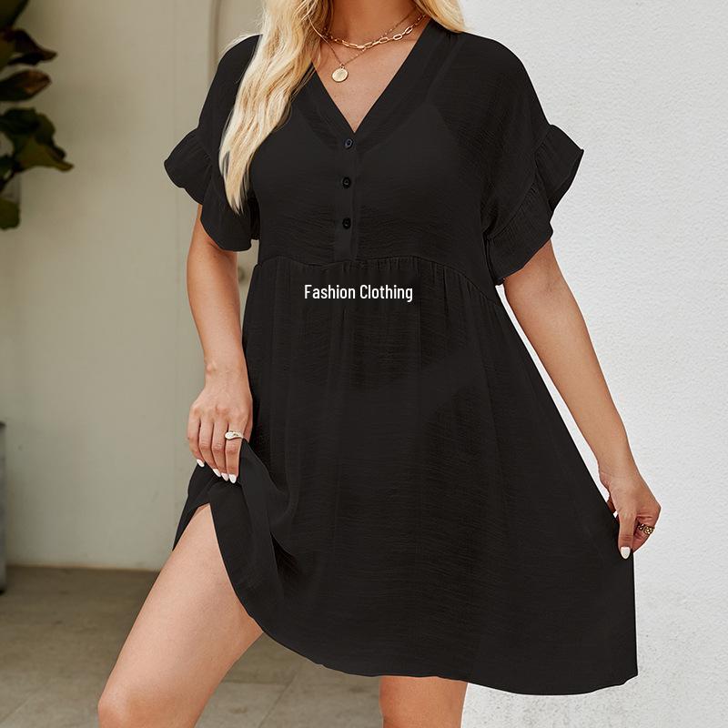 Cross-border Sun Protection Ruffle Cuff See-through Bikini Cover-up Dress