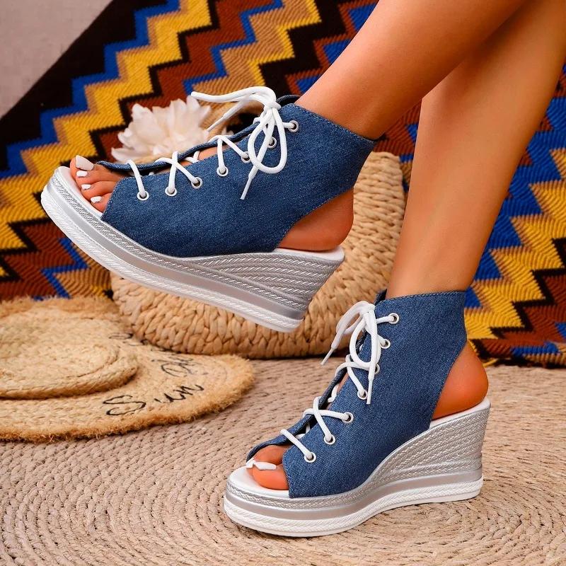 Fashion Wedge Sandals Women Summer New Round Toe Open Toe Front Strappy Platform Non-Slip Wear-Resistant Back Empty Heels Shoes