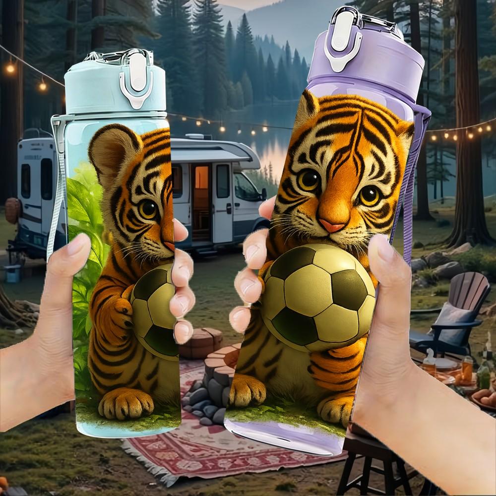 1PC Tiger With Football Jungle Animal Print 750ml Color Plastic Sports Water Bottle Leakproof Flip Straw Lid Suitable for Sports Office Home Use