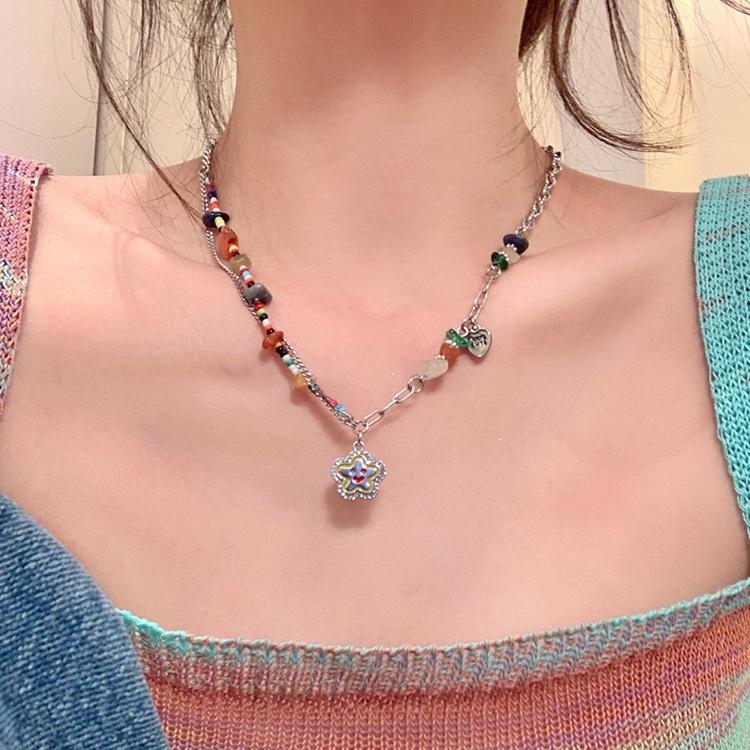 iF ME Collana di Perline di Cristallo Colorate per Donne Pietra Stella Sorriso Cuore Ciondolo Collane Catena Argento Accessori Gioielli