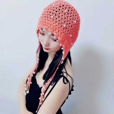 Hat Women's Spring and Summer New Knitted Hat Fringed Pearl Temperament Mesh Hood Photo Photography Princess Hat