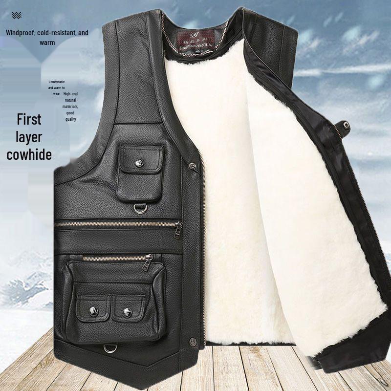 Herren Plus Size West aus echtem Rindsleder mit mehreren Taschen – Lässiges Gilet für Frühling, Herbst, Winter & Vaters Outfit