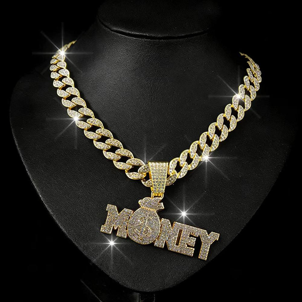 New Men's Full Diamond Chain Hip Hop Style Personalized English MONEY Pendant Necklace
