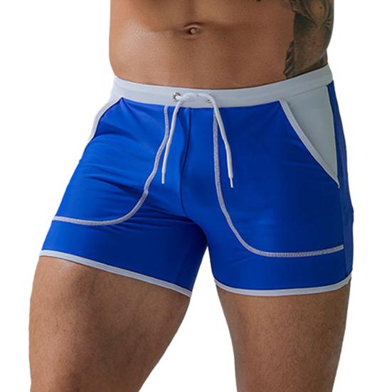 Men Summer Swimming Trucks Mid-rise Drawstring Patchwork Color Pocket Swimming Shorts Quick-Drying Stretch Beach Surfing Shorts