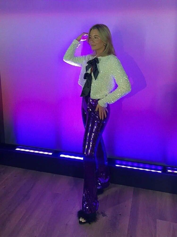 Fashion Sequins Bowknot Lace Up Cropped Coats Women Sexy Long Sleeve Glitter Cardigan Coat Elegant Female Party Club Outerwear