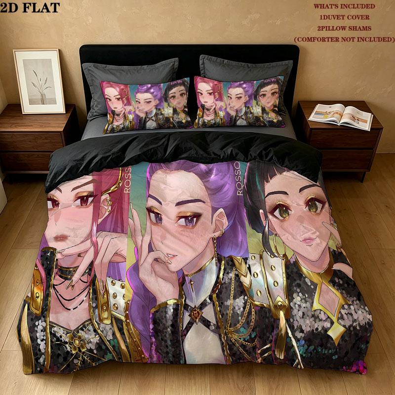 Ensemble de couette Kpop Demon Hunters Motif Housse de couette Taie d'oreiller Maison Cadeau d'anniversaire(1 housse de couette + 2 taies d'oreiller, sans garniture.)