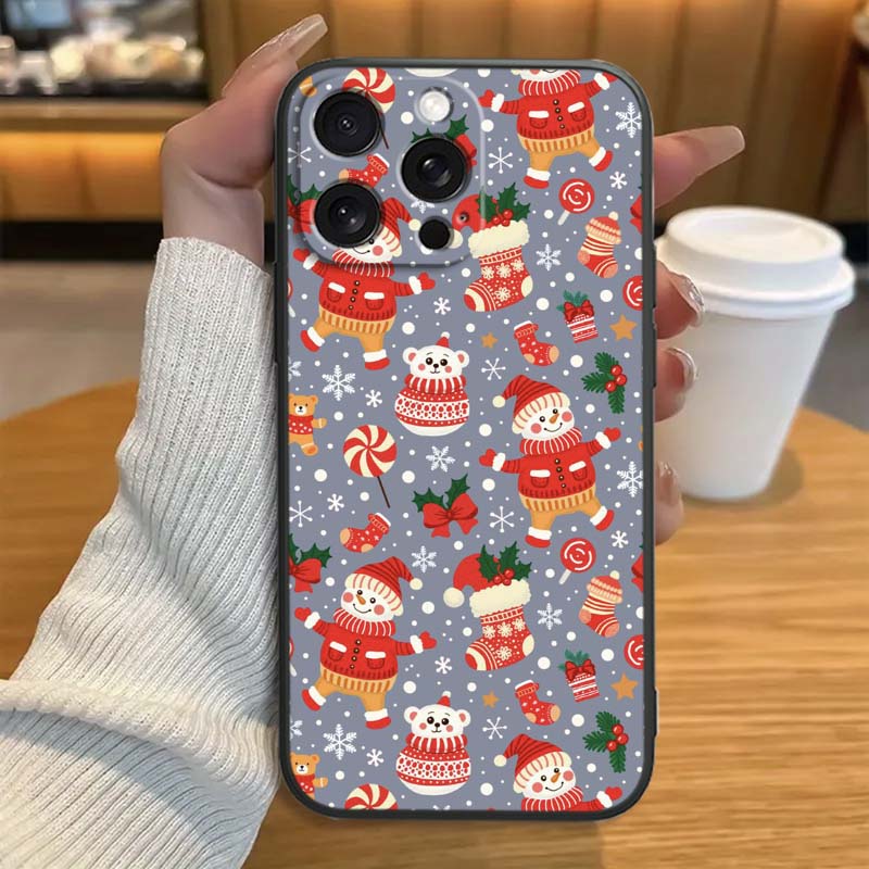 Weihnachts-Cartoon-Muster Handyhülle für Apple iPhone 17 16 16E 15 14 13 12 11 Pro Max Plus Schwarzes Weiches Silikon