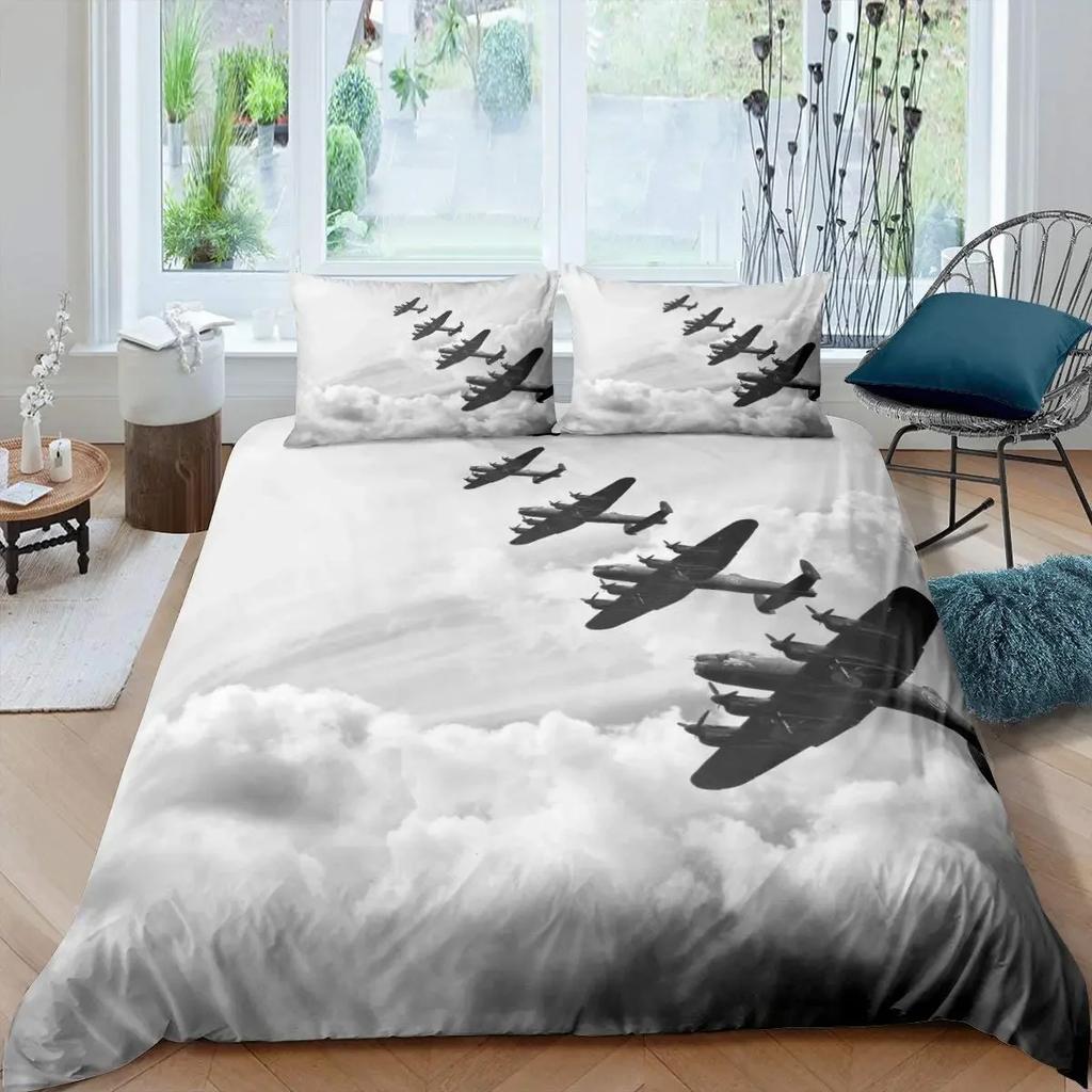 Airplane Duvet Cover Set Sky Cloud Polyester Comforter Cover For Kids Teens Adults Bedding Set King Queen Size With Pillowcase