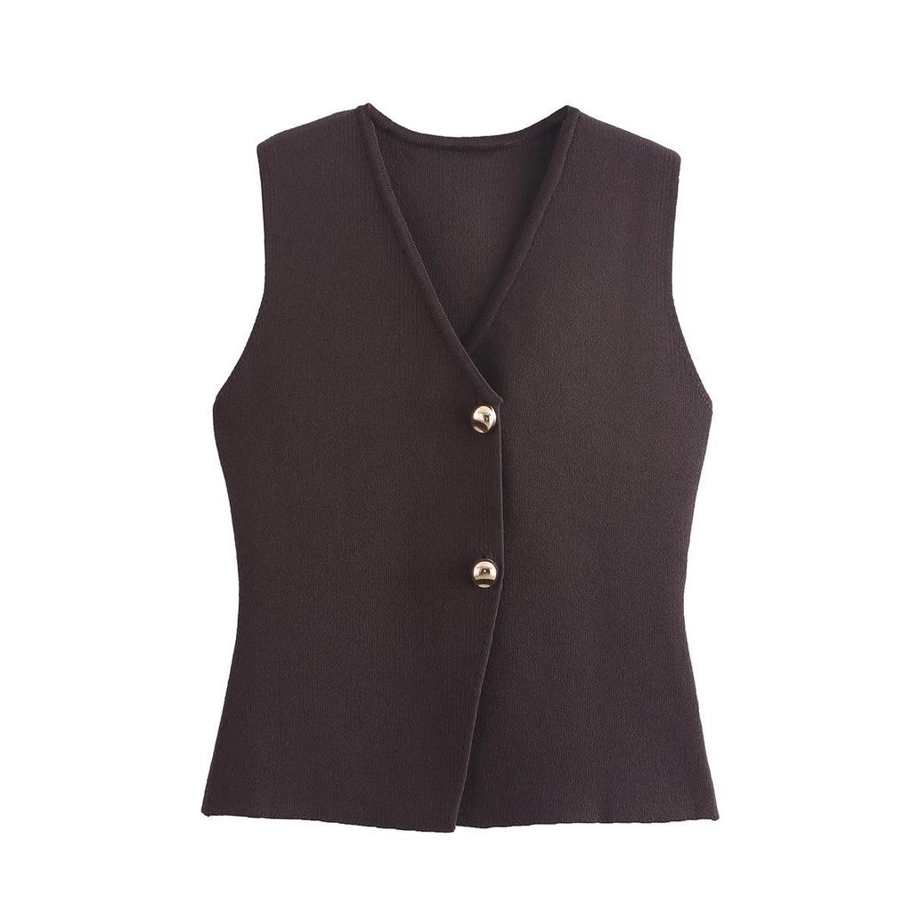 Women's Gold Button Knit Vest Top - European & American Style