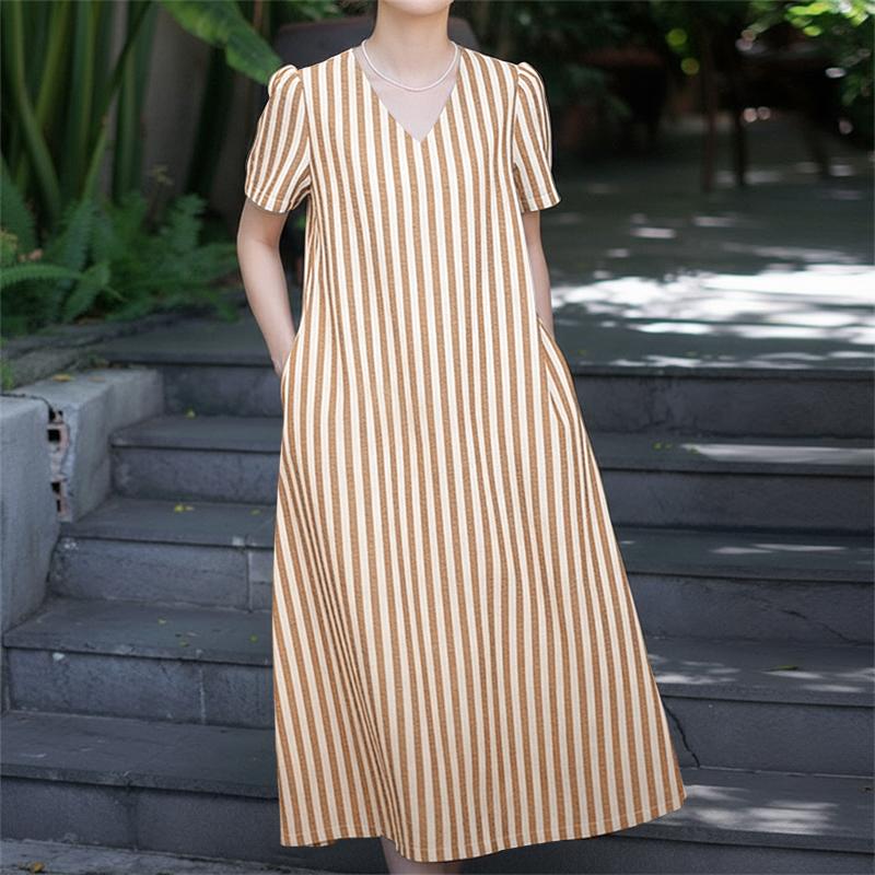 ZANZEA Women Daily Casual V-Neck Short Sleeve Stripe Dress S коричневый