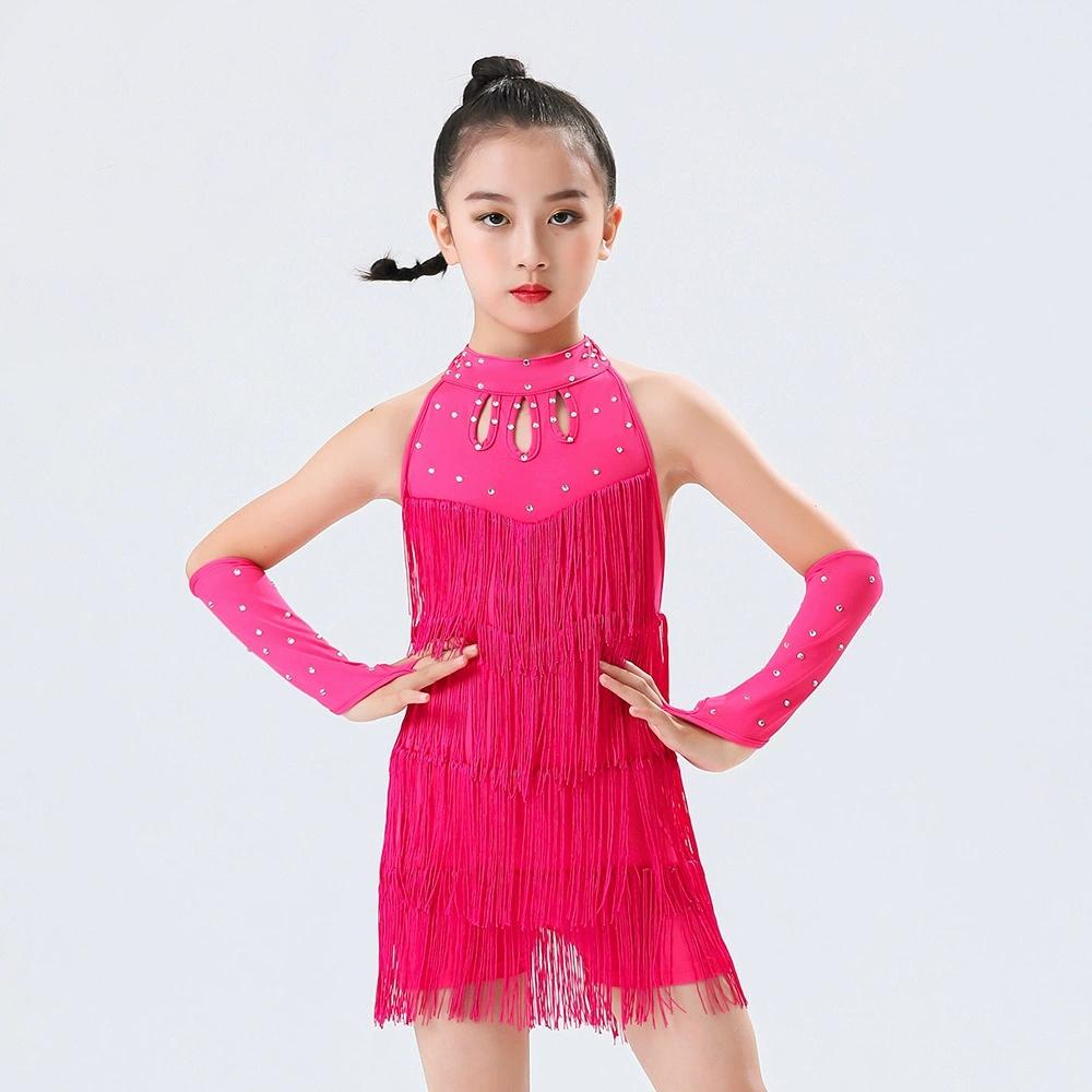 Vestido de Danza Latina con Flecos de Lentejuelas Bachata Salón Tango Salsa Vestido para Niños Niñas Competición Profesional Traje de Danza Latina