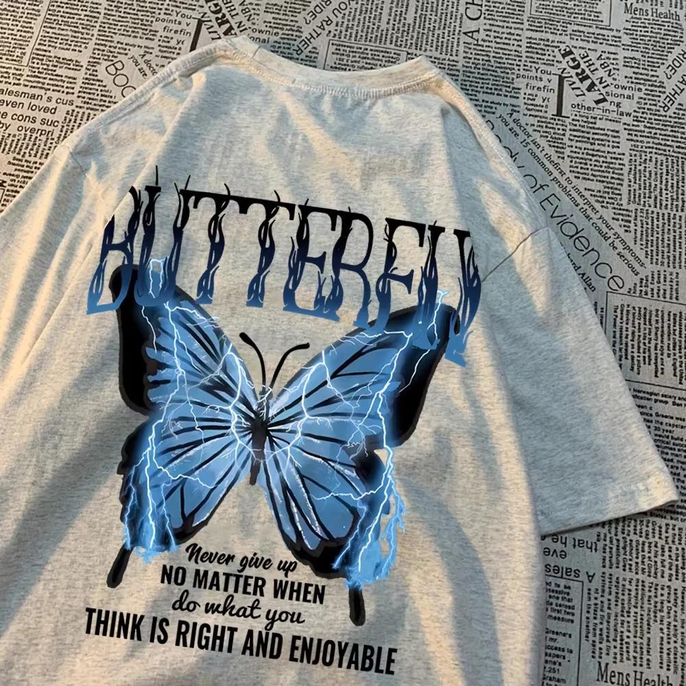Blauer Blitz Schmetterling Kreatives Wort T-Shirt Herren Lässiges Übergroßes T-Shirt Lässiges Lockeres T-Shirt Kleidung Muster Qualität Oberteile