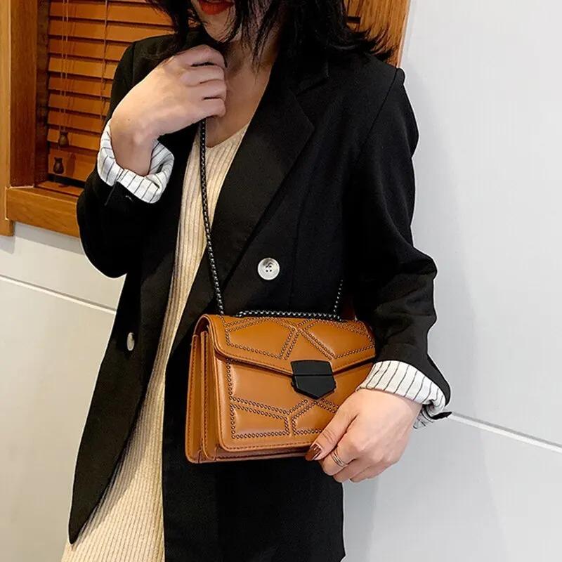 Vintage Rivet Chain Small Shoulder Bags For Women Flap PU Leather Fashion Small Square Crossbody Bag Designer Handbag