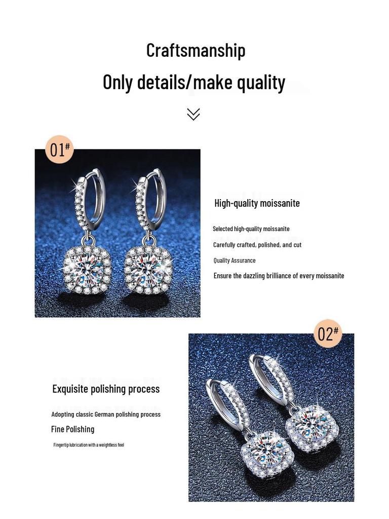Moissanite Square Stud Earrings in S925 Silver - Women's Classic Dangle Earrings with Exquisite Craftsmanship