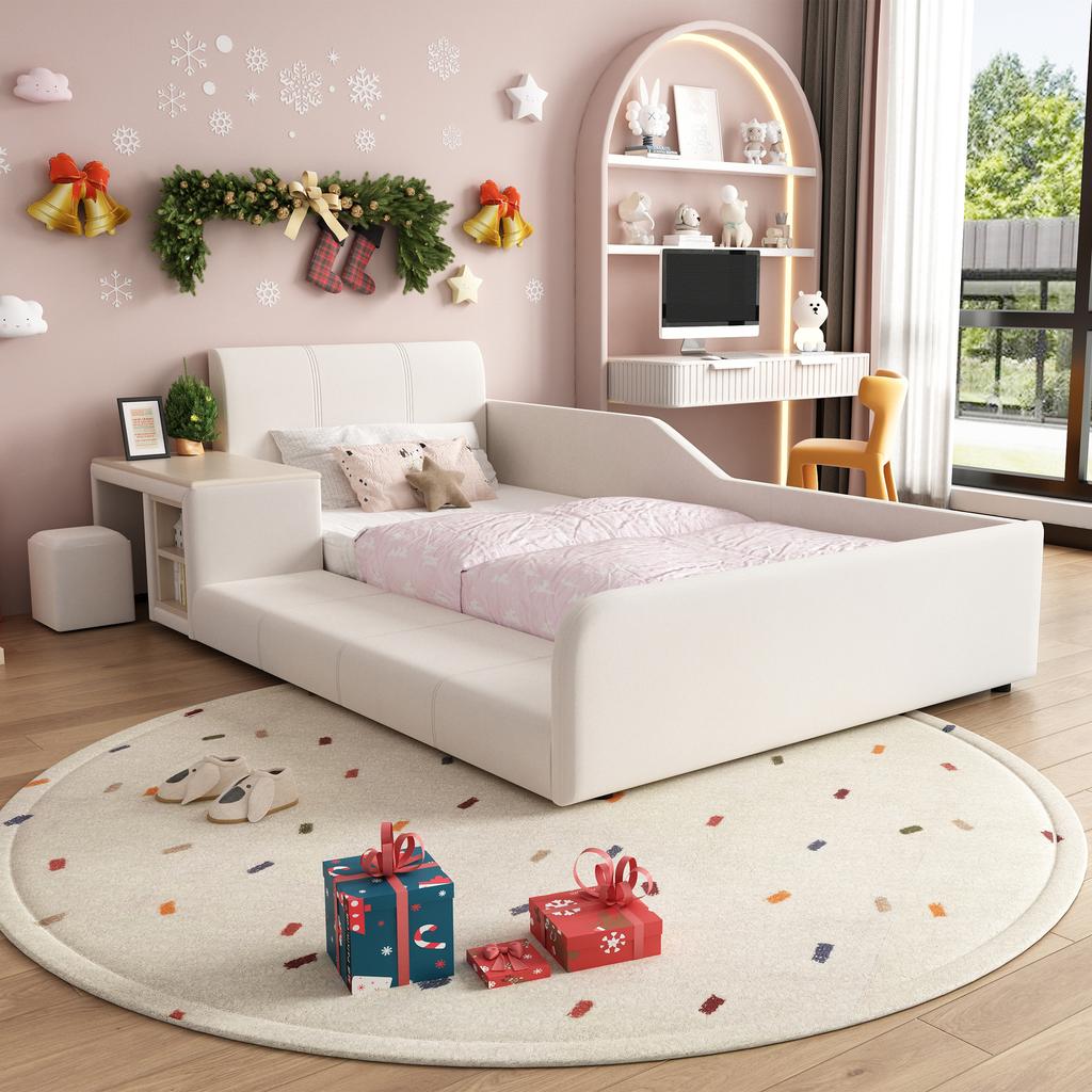 Letto imbottito, Letto singolo con scrivania per bambini e sgabello, Con mensola, Testiera morbida, Letto per bambini con doghe in legno, Velluto, Bianco, 90x200cm