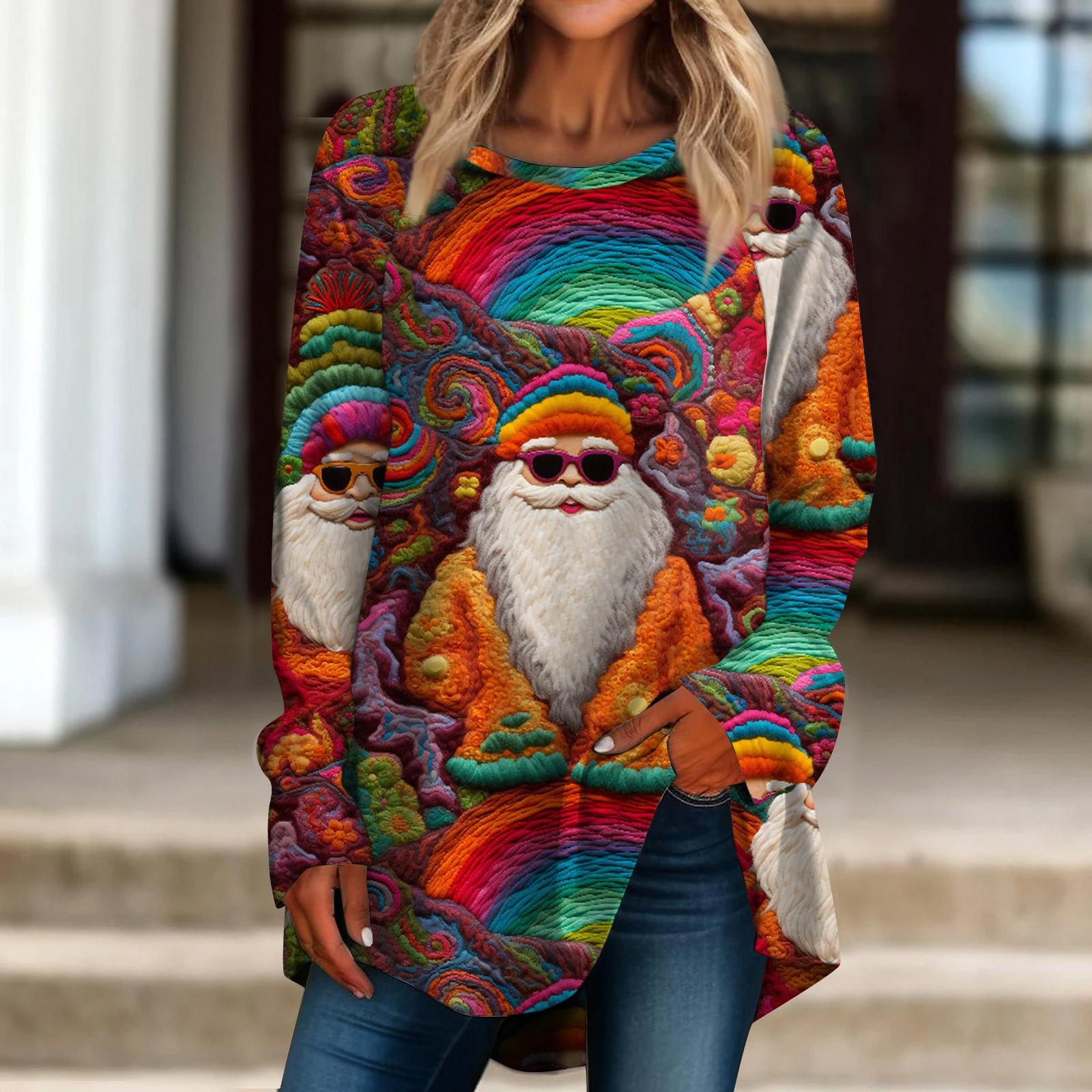 

Женская повседневная футболка больших размеров с длинными рукавами и круглым вырезом с 3D рождественским принтом, топ, пуловер S винный