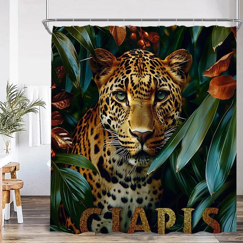 Floral Leopard Shower Curtains Watercolour Jungle Flowers Plants Wild Animal Bath Curtain Fabric Home Bathroom Decor with Hooks