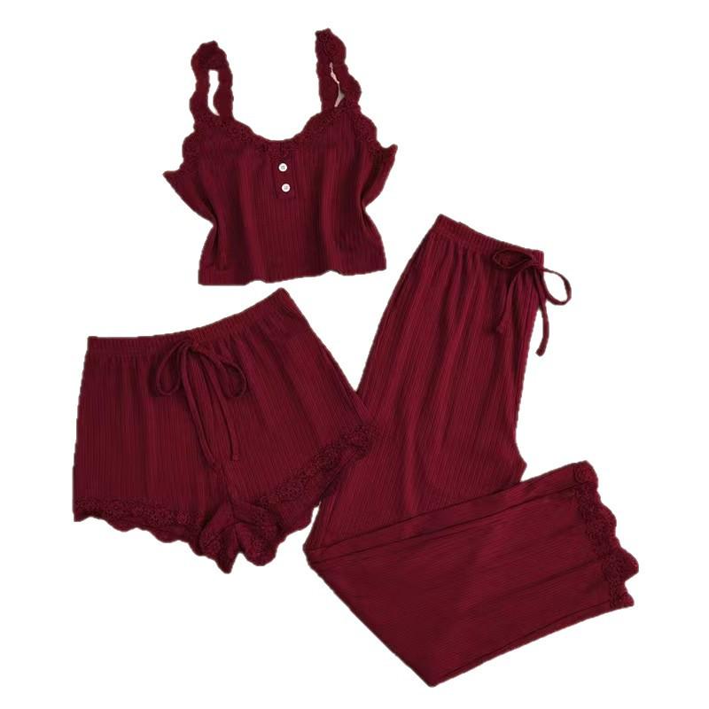 Popular Women's Three-Piece Lace Trim Pajama Set: Camisole, Shorts, and Long Pants