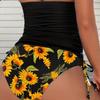 2026 Swimsuit New Neck Split Printed High Waist Bikini Drawstring To Cover Belly Sunflower Thin Split Swimsuit