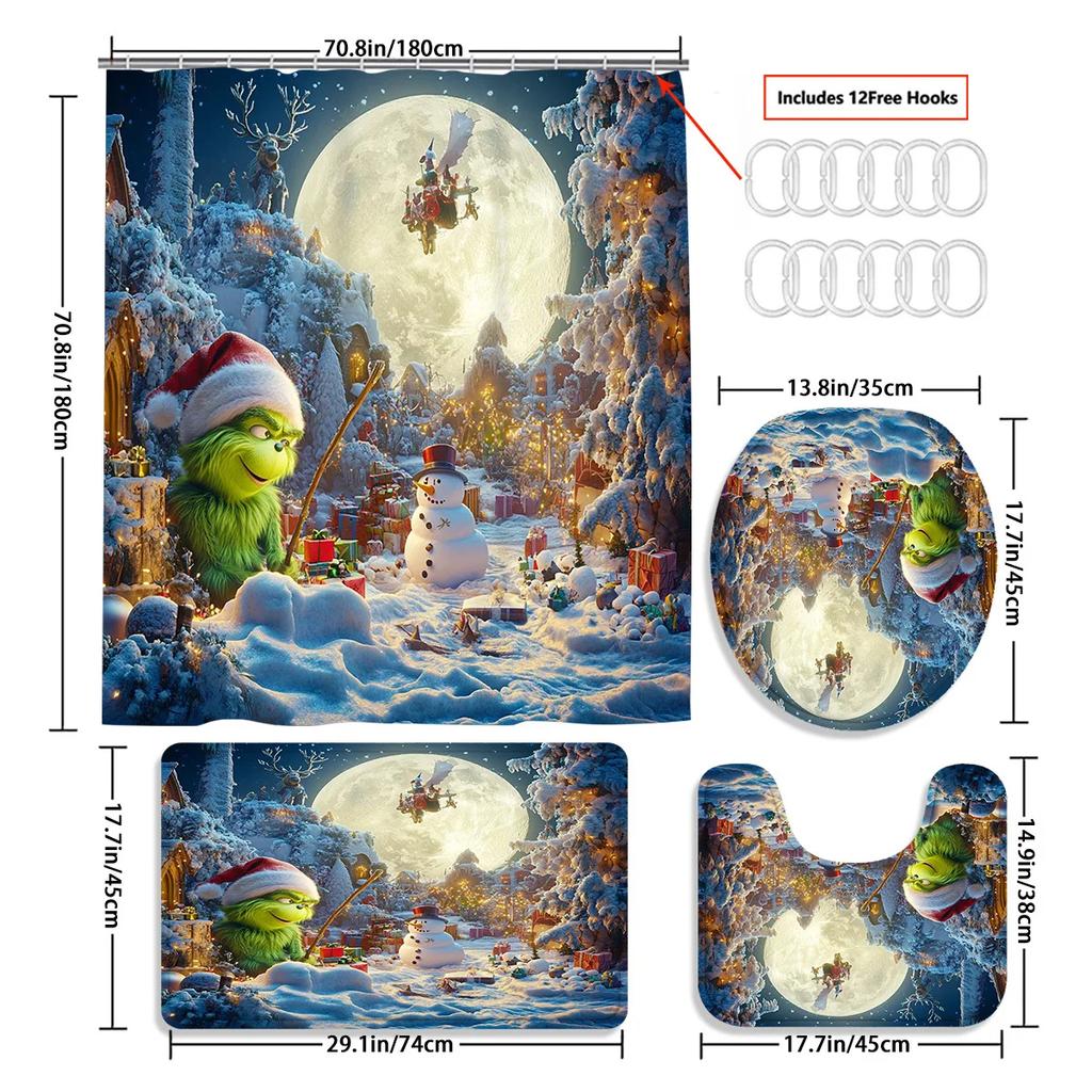 4pcs Christmas Shower Curtain Set, Waterproof Bathroom Decor with 12 Hooks, Non-Slip Rug & U-Shape Toilet Cover for Holiday Home