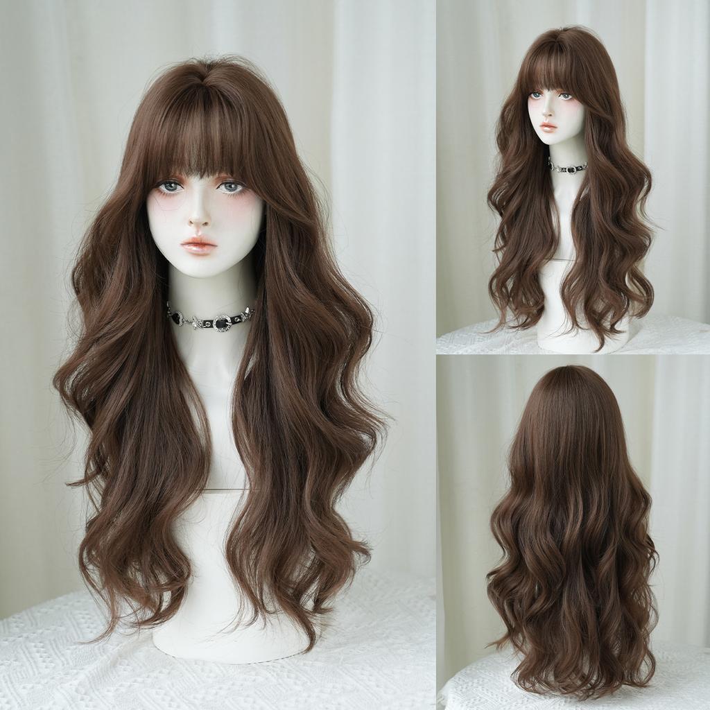 Dark Brown Big Waves Long Wig for Women - Full Bangs Voluminous Full Cap, Heat Style Trim Ready, Natural Realistic Daily