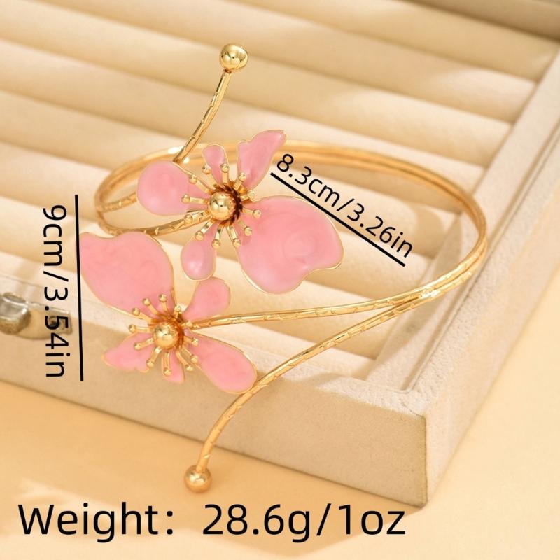 Openwork Upper Arm Cuff with Two Irregular Flowers, Intersecting Gold-Tone Bands, Rounded Ball Ends, and Clasp-Free Wear
