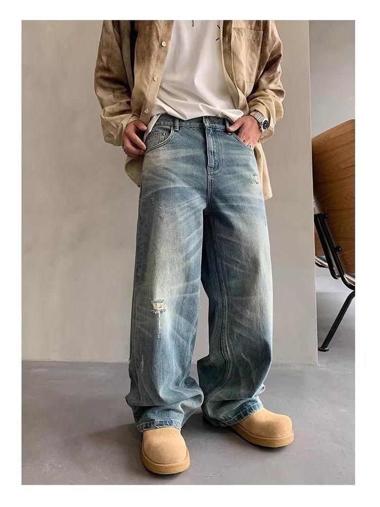 Men's Washed Distressed Wide-Leg Jeans - Retro American Street Style, Floor-Length, Perfect for Spring and Autumn