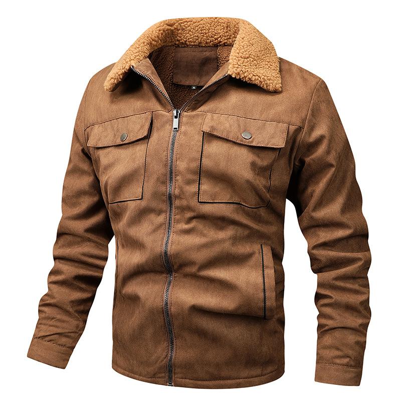 Men's Spring Autumn Outdoor Warm Fleece Lined Jacket Loose Casual Faux Leather Jackets Windproof Men's Coat Snaps Working Jacket with Multi Pockets
