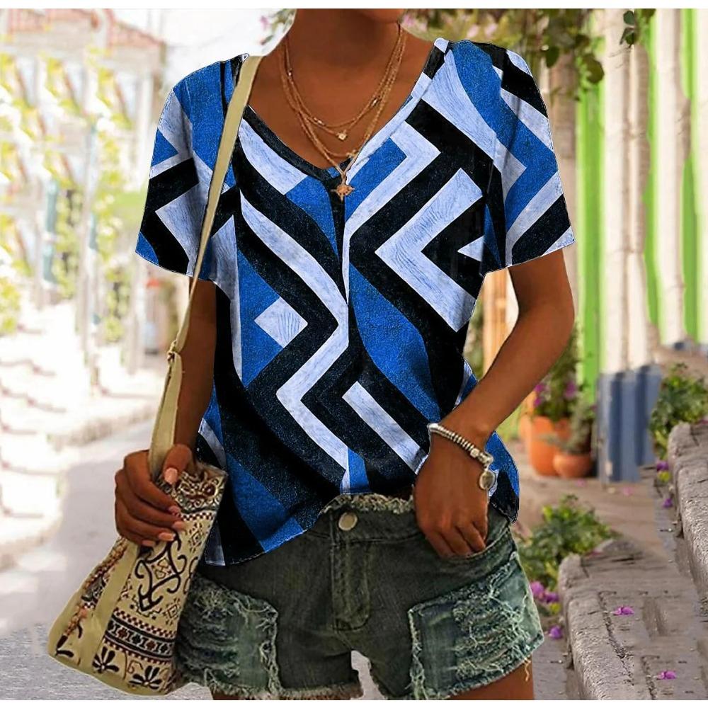 

Women s T Shirt Plaid Print Tops Ladies Clothing V-neck Harajuku Pullover Summer Vintage Patchwork Oversized Short Sleeve Tees 8XL