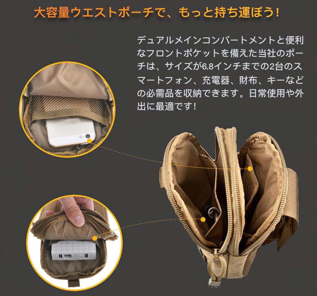 Piscorush Multifunctional Large Capacity Hip EDC Belt Waist Small Item Belt Smartphone for Outdoor Mountain Molle Compatible Simple Carabiner Pouch,