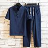2 Pcs/Set Men Tracksuit Solid Color V Neck Chinese Style Short Sleeve Summer