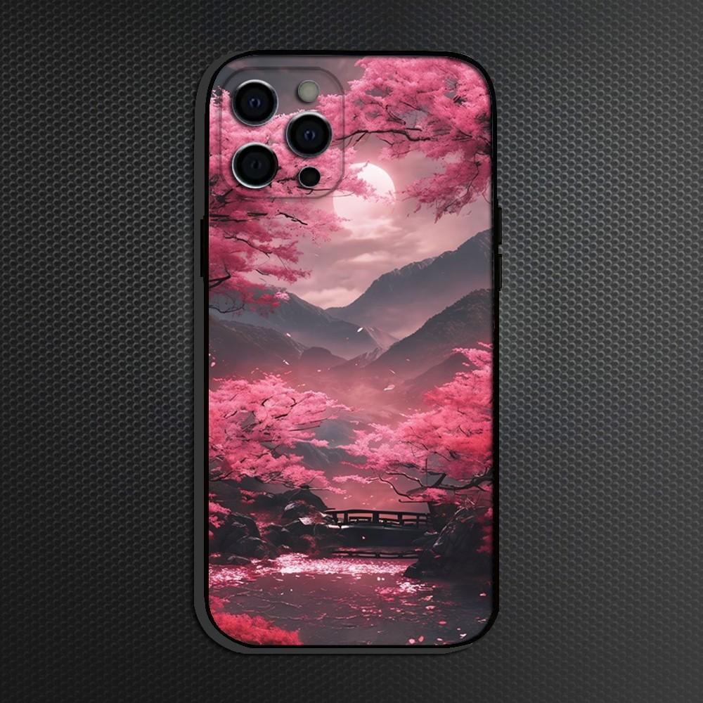 Cherry Blossom Tree  Phone Case For iPhone 16,15,14,13,12,11 Plus,Pro Max, Soft Silicone Black Cover iPhone12