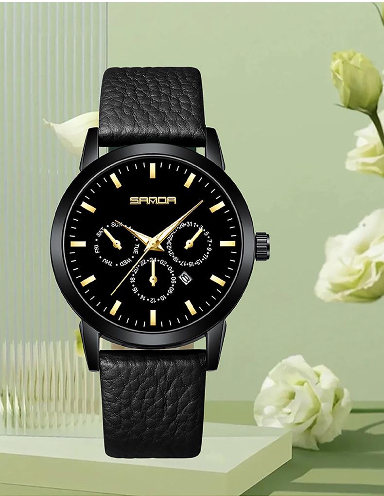 Sanda Quartz Three-Eye Six-Hand Watch: Fashionable, Simple, Leather Strap, Waterproof, Men's & Women's Calendar Watch.