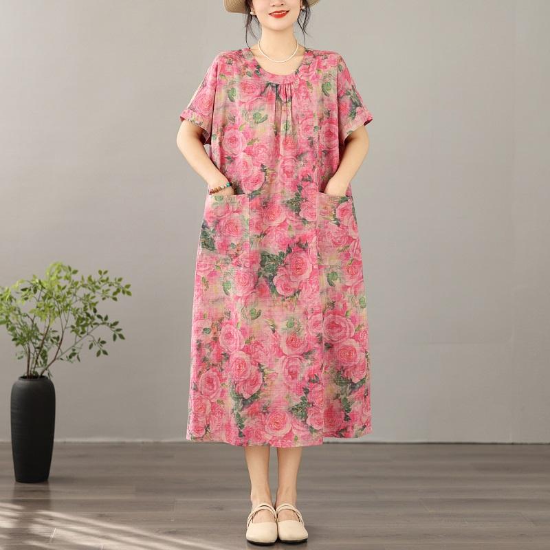 

Короткий рукав Плюс размер Хлопок лен винтажный цветочный новый в платьях для женщин повседневное свободное длинное летнее платье L