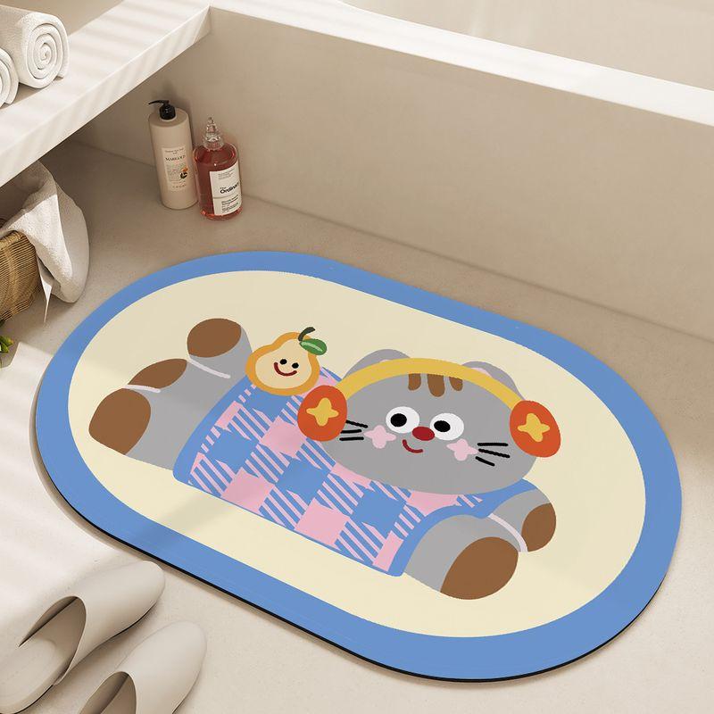 Cute Kitten Oval Floor Mat Non-Slip Soft Diatom Mud Bathroom Rug Easy Clean Shower Entrance Mat for Home Decor Aesthetic