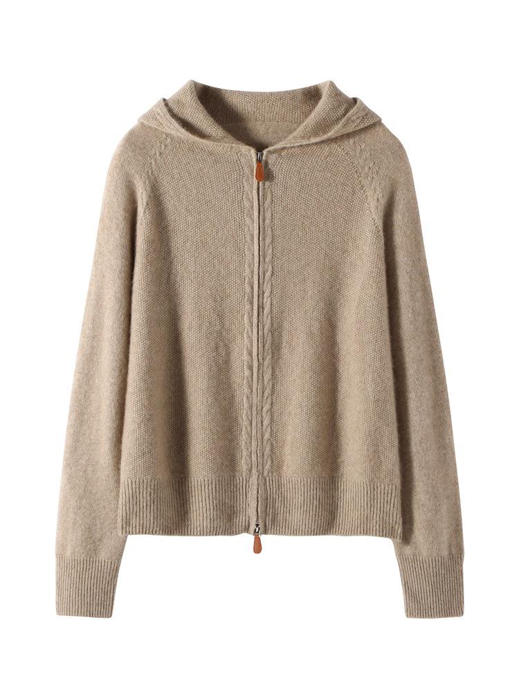 Elegant Hooded Cashmere Knit Cardigan for Women - Cozy, Loose Fit, Thick Zipper Sweater Coat