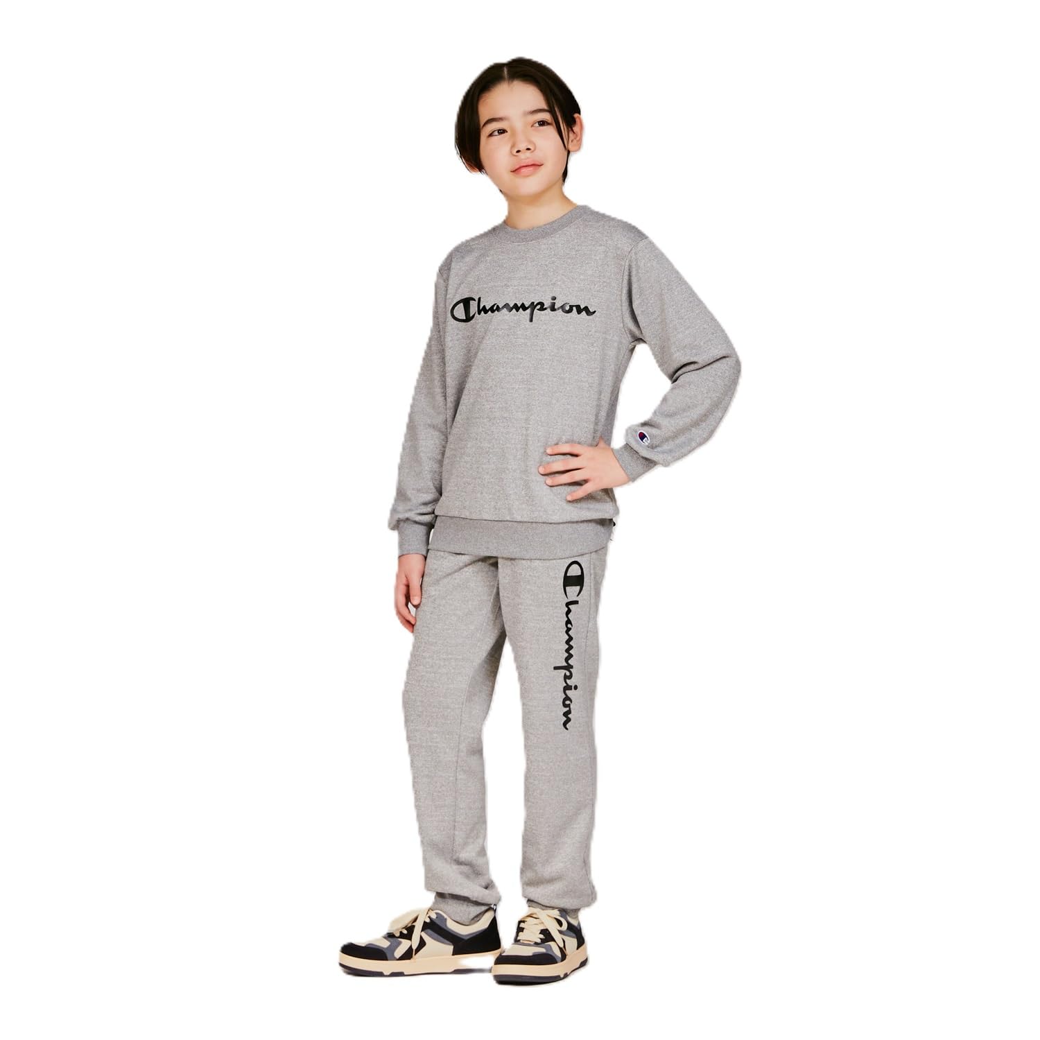 

Champion Long Sleeve Crew Neck Sweatshirt with Fleece and Script Basic Oxford Gray Kids Quick-Drying Logo, Sports, CK-AS003,