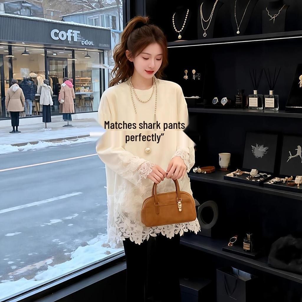 Mid-Length German Fleece Lace Patchwork Long Sleeve T-shirt - Women's Thickened Base Layer, Autumn/Winter 2026 Collection.