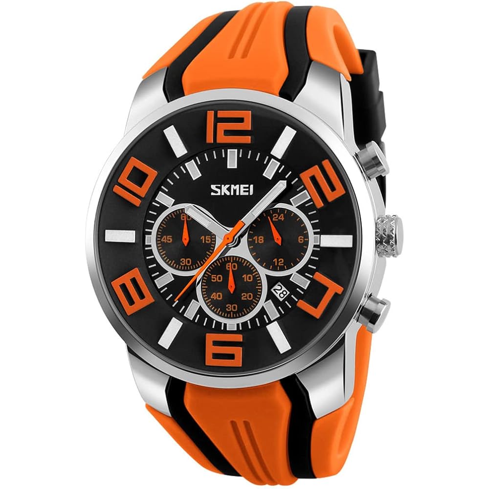 Men s Big Face Analog Chronograph Watch Orange Silicone Waterproof Casual Sports
