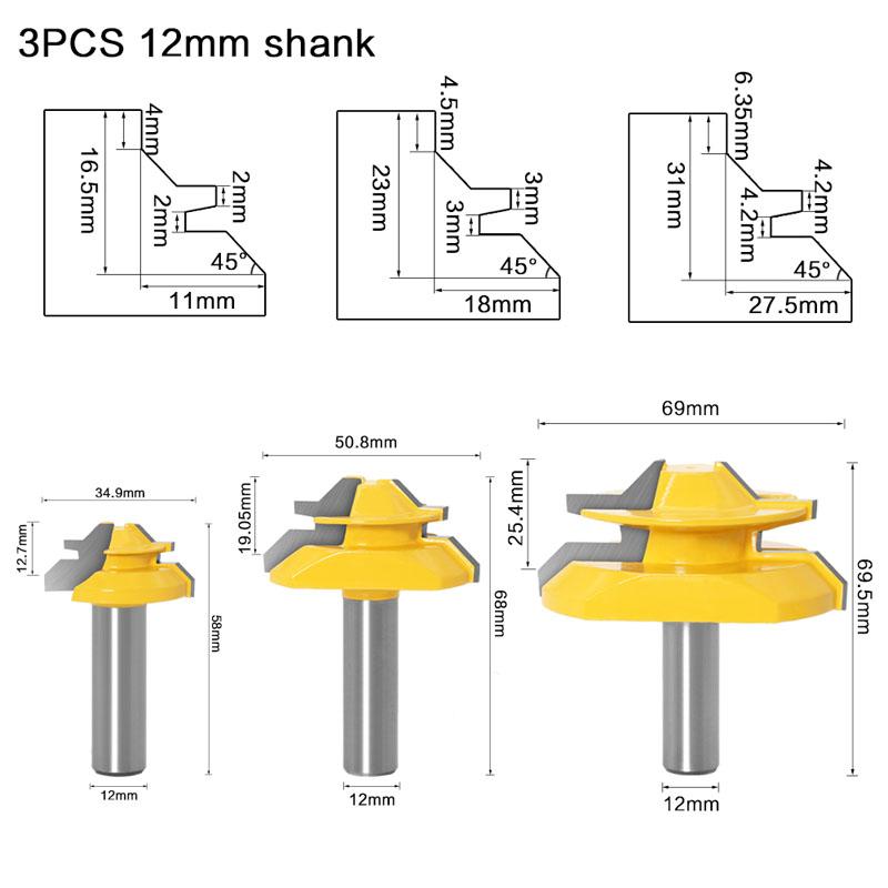 1/3pc Lock Miter 45 Degree Glue Joint Router Bits Glue Joint Set Woodworking Cutter Tenon Cutter for Woodworking Tools 12mm 1/2inch Shank