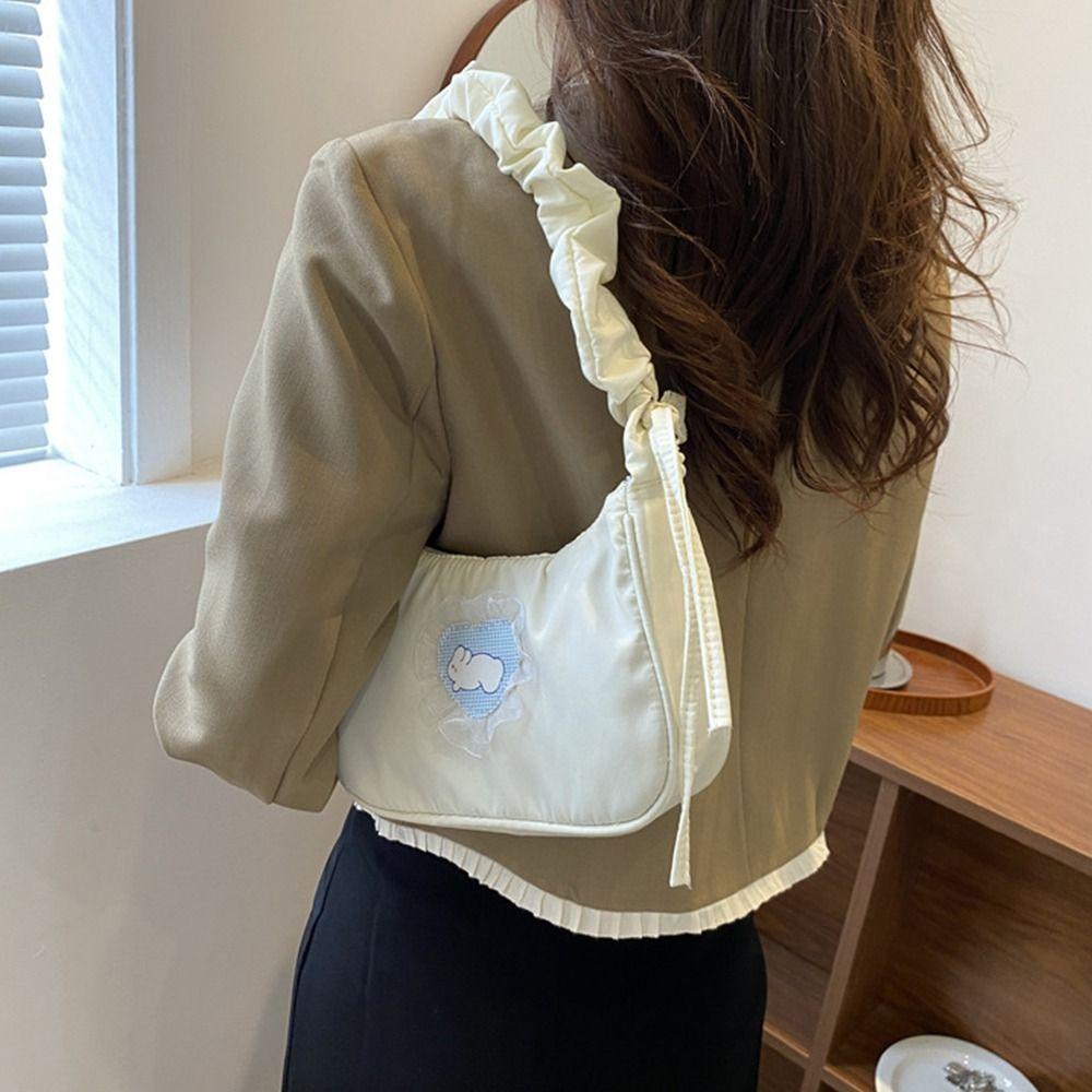 Solid Color Pleated Strap Shoulder Bag Korean Style Sweet Handbag Love Rabbit Underarm Bag  Girls