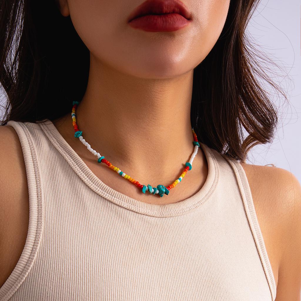 Accessories, ethnic style short versatile handmade necklaces, mixed-color rice beads, simple gravel turquoise necklaces