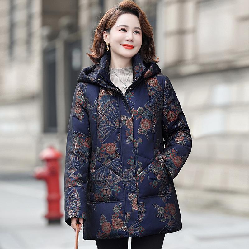 2026 Women's Winter Hooded Down Jacket: Warm, Windproof, Versatile Print for Mid-to-Older Age Moms