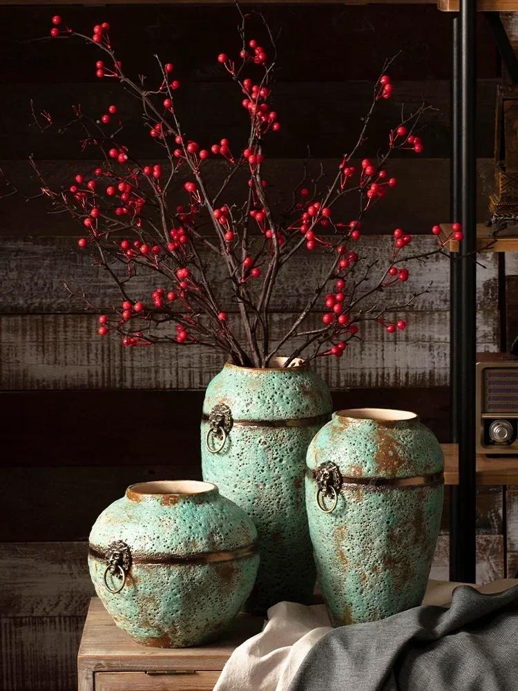 Vintage Handmade Ceramic Vase Table Top Dry Flower Arrangement Coarse Pottery Jar Decorative Decorations for Home Flower Pots