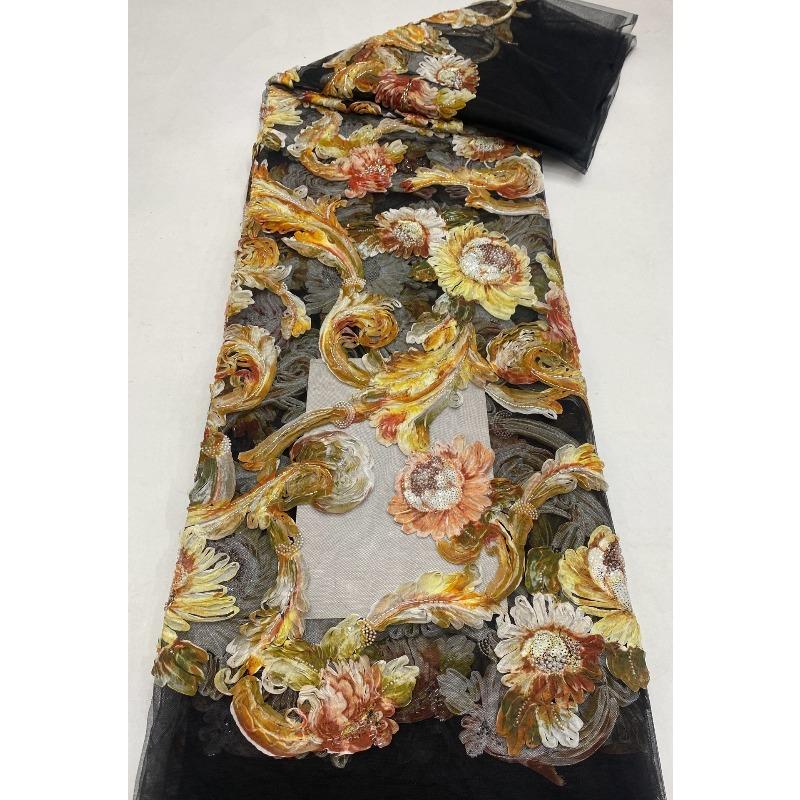 

Plant Floral Printed Beads Sequins Embroidery Net Lace Fabric for Handmade Diy Sewing Party Evening Dresses Performance Costumes 1Yard