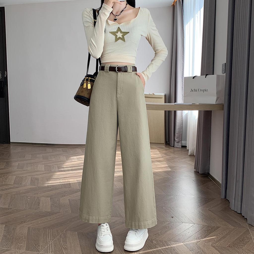 Women's Petite High-Waisted Tencel Washed Cotton Wide-Leg Slimming Cropped Pants